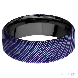 8 mm wide High Bevel Titanium Damascus band featuring a Zirconium sleeve.