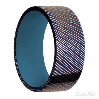 9 mm wide Flat Titanium Damascus band featuring a Royal Blue sleeve.