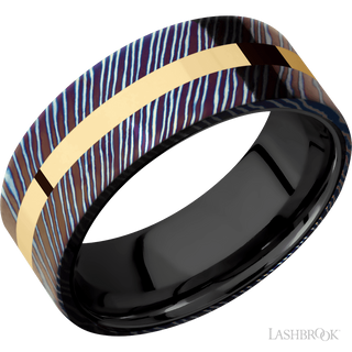 8 mm wide/Flat/Titanium Damascus band with one 2 mm Centered inlay of 14K Yellow Gold also featuring a Zirconium sleeve.