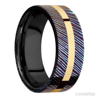 8 mm wide/Flat/Titanium Damascus band with one 2 mm Centered inlay of 14K Yellow Gold also featuring a Zirconium sleeve.