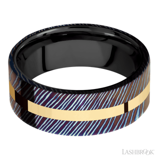 8 mm wide/Flat/Titanium Damascus band with one 2 mm Centered inlay of 14K Yellow Gold also featuring a Zirconium sleeve.