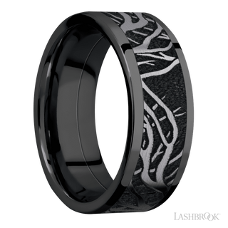 8 mm wide/Flat/Zirconium band with one 6 mm Centered inlay of Tantalum with a laser carved Branches pattern.
