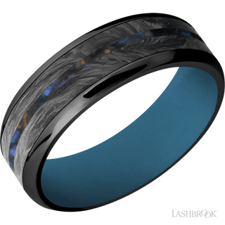 7 mm wide/Beveled/Zirconium band featuring inlays of Forged Carbon Fiber and Blue Tiger Eye also featuring a Royal Blue sleeve.