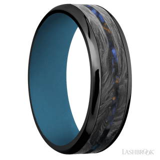 7 mm wide/Beveled/Zirconium band featuring inlays of Forged Carbon Fiber and Blue Tiger Eye also featuring a Royal Blue sleeve.
