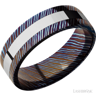 7 mm wide/Flat/Titanium Damascus band with one 3 mm Centered inlay of Cobalt Chrome.