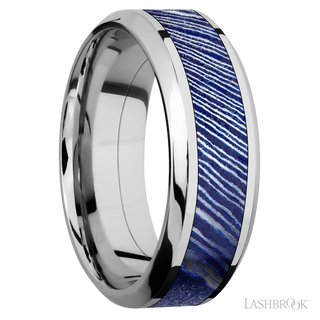 8 mm wide/High Bevel/Cobalt Chrome band with one 4 mm Centered inlay of Titanium Damascus.