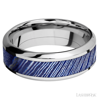 8 mm wide/High Bevel/Cobalt Chrome band with one 4 mm Centered inlay of Titanium Damascus.