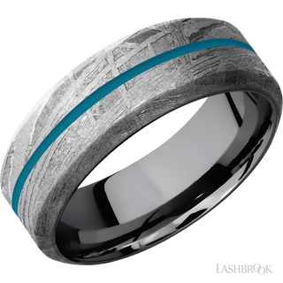 8 mm wide/High Bevel/Meteorite band with one 1 mm Centered inlay of Sea Blue also featuring a Tantalum sleeve.