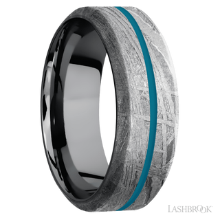 8 mm wide/High Bevel/Meteorite band with one 1 mm Centered inlay of Sea Blue also featuring a Tantalum sleeve.