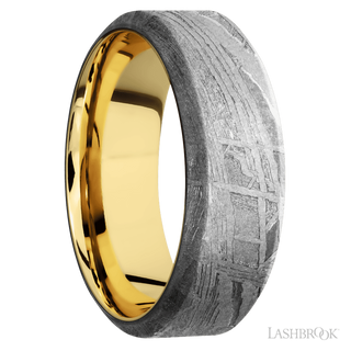 8 mm wide High Bevel Meteorite band featuring a 14K Yellow Gold sleeve.