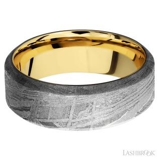 8 mm wide High Bevel Meteorite band featuring a 14K Yellow Gold sleeve.