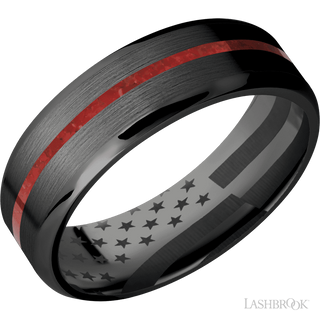 7 mm wide/Beveled/Zirconium band with one 1 mm Centered inlay of Coral.