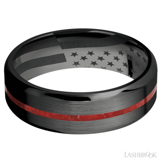 7 mm wide/Beveled/Zirconium band with one 1 mm Centered inlay of Coral.