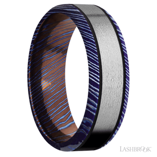 7 mm wide/Beveled/Titanium Damascus band with one 4 mm Centered inlay of Titanium.