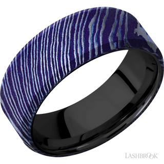 8 mm wide Beveled Titanium Damascus band featuring a Zirconium sleeve.