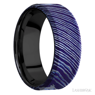 8 mm wide Beveled Titanium Damascus band featuring a Zirconium sleeve.