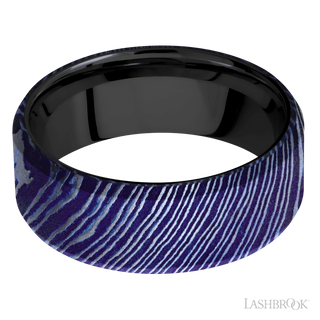 8 mm wide Beveled Titanium Damascus band featuring a Zirconium sleeve.