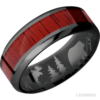8 mm wide/High Bevel/Zirconium band with one 4 mm Centered inlay of Blood Wood.