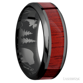 8 mm wide/High Bevel/Zirconium band with one 4 mm Centered inlay of Blood Wood.