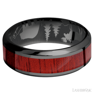 8 mm wide/High Bevel/Zirconium band with one 4 mm Centered inlay of Blood Wood.