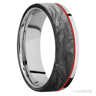 7 mm wide/Flat/Cobalt Chrome band with one 5 mm Off Center Edge inlay of Forged Carbon Fiber.