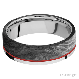 7 mm wide/Flat/Cobalt Chrome band with one 5 mm Off Center Edge inlay of Forged Carbon Fiber.