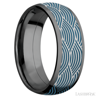 8 mm wide/Domed/Zirconium band with one 6 mm Centered inlay of Cobalt Chrome with a laser carved Navigator pattern.