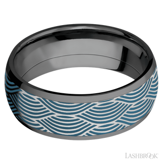 8 mm wide/Domed/Zirconium band with one 6 mm Centered inlay of Cobalt Chrome with a laser carved Navigator pattern.