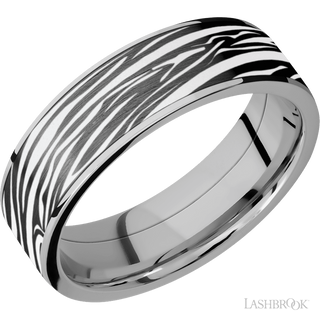 7 mm wide/Flat/Titanium band with one 6 mm Centered inlay of Zirconium with a laser carved Zebra pattern.