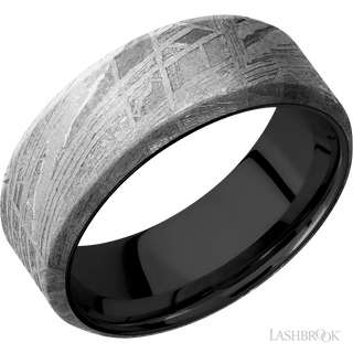 8 mm wide Beveled Meteorite band featuring a Zirconium sleeve.