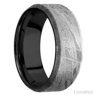 8 mm wide Beveled Meteorite band featuring a Zirconium sleeve.