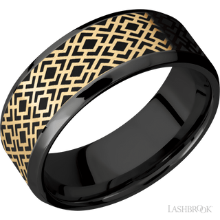8 mm wide/Beveled/Zirconium band with one 6 mm Centered inlay of 14K Yellow Gold with a laser carved Trellis 2 pattern.