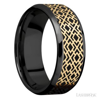 8 mm wide/Beveled/Zirconium band with one 6 mm Centered inlay of 14K Yellow Gold with a laser carved Trellis 2 pattern.