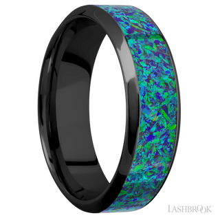 7 mm wide/High Bevel/Zirconium band with one 4 mm Centered inlay of Green Opal.