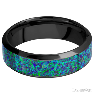 7 mm wide/High Bevel/Zirconium band with one 4 mm Centered inlay of Green Opal.