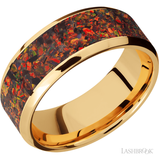 8 mm wide/Beveled/14K Yellow Gold band with one 6 mm Centered inlay of Red Opal.