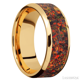 8 mm wide/Beveled/14K Yellow Gold band with one 6 mm Centered inlay of Red Opal.
