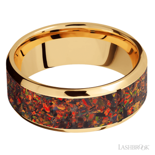 8 mm wide/Beveled/14K Yellow Gold band with one 6 mm Centered inlay of Red Opal.