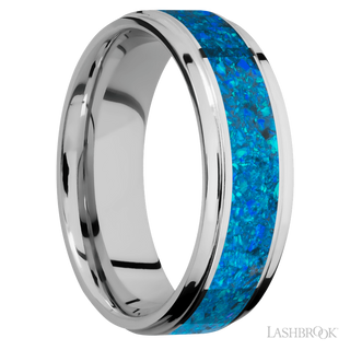 7 mm wide/Flat Grooved Edges/Cobalt Chrome band with one 4 mm Centered inlay of Blue Opal.