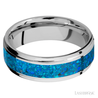 7 mm wide/Flat Grooved Edges/Cobalt Chrome band with one 4 mm Centered inlay of Blue Opal.