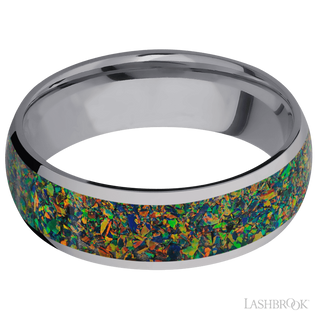 7 mm wide/Domed/Tantalum band with one 5 mm Centered inlay of Black Opal.