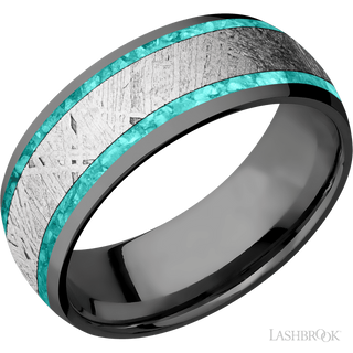 8 mm wide/Domed/Zirconium band featuring inlays of Teal Opal and Meteorite.