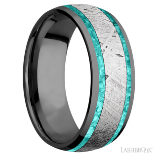 8 mm wide/Domed/Zirconium band featuring inlays of Teal Opal and Meteorite.