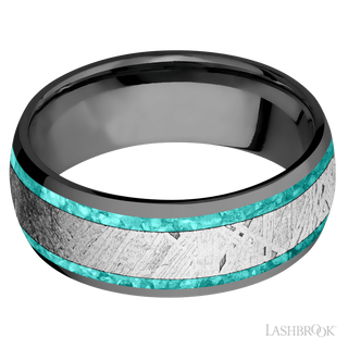 8 mm wide/Domed/Zirconium band featuring inlays of Teal Opal and Meteorite.