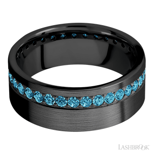 8 mm wide/Flat/Zirconium band with a Off Center Eternity arrangement of .03 carat Round Lab Blue Diamond stones in a Bead setting.