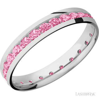 4 mm wide/Domed/Cobalt Chrome band with an Eternity arrangement of .07 carat Round Lab Dark Pink Diamond stones in a Channel setting.