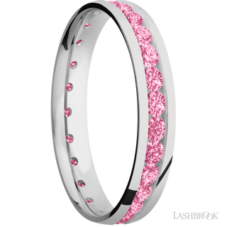 4 mm wide/Domed/Cobalt Chrome band with an Eternity arrangement of .07 carat Round Lab Dark Pink Diamond stones in a Channel setting.