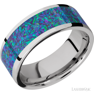 8 mm wide/Flat/Cobalt Chrome band with one 6 mm Centered inlay of Blue Green Opal.