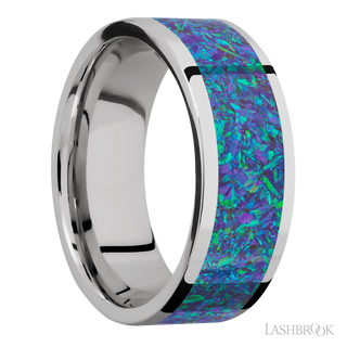 8 mm wide/Flat/Cobalt Chrome band with one 6 mm Centered inlay of Blue Green Opal.
