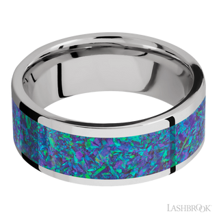 8 mm wide/Flat/Cobalt Chrome band with one 6 mm Centered inlay of Blue Green Opal.